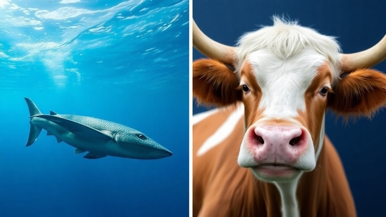image représentant un poisson et de l'autre côté un animale de type bovin